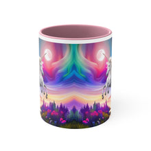 Load image into Gallery viewer, Imaginary Unicorns in a Sea of Butterflies with Beautiful Mane Facing Off at the Moon Vibrant Colors Accent Coffee 11oz Mug AI Generated Image