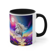 Load image into Gallery viewer, Imaginary Unicorns in a Sea of Butterflies with Beautiful Mane Facing Off at the Moon Vibrant Colors Accent Coffee 11oz Mug AI Generated Image
