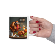 Load image into Gallery viewer, Thanksgiving Too Stuffed Candlelight Turkey All Dressed up and Nowhere to Go Ceramic Mug 11oz Left right