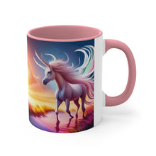 Load image into Gallery viewer, Imaginary Pink Pastel Unicorn with Beautiful Rainbow Facing Off as the Sky Explodes Vibrant Colors Accent Coffee 11oz Mug AI Generated Image