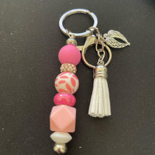 Load image into Gallery viewer, Hand Crafted Pink and white Tassel keychain purse clip with AngelWing Charm