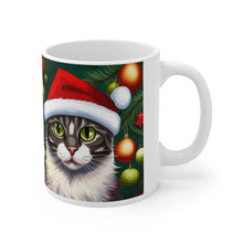 Load image into Gallery viewer, Fancy Gray Kitty Christmas Vibes Ceramic Mug 11oz Design #4 Mirrored Image