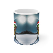 Load image into Gallery viewer, Dinosaur Raptor Rocks Christmas Santa Red Hat Ceramic Mug 11oz Design #6 Mirrored Images