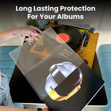 Load image into Gallery viewer, EVEO 50 Vinyl Record Sleeves Outer – Crystal Clear Outer Vinyl Sleeves LP Album Covers 12.75"x12.75" | Perfect Fit Protective 3 Mil Protection for Single & Double LPs - Archival Standard