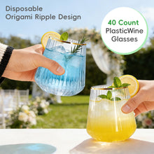 Load image into Gallery viewer, N9R 40 Count 12oz Clear Plastic Wine Cups with Gold Rim - Elegant Origami Ripple Design, Shatterproof & Disposable for Whiskey, Cocktail, Champagne, Parties, Weddings, Events