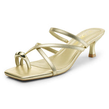 Load image into Gallery viewer, Athlefit Gold Kitten Heels for Women Strappy Flip Flop Low Heels Square Open Toe Slip On Fashion Dress Short Heeled Sandals for Wedding Prom Size 9
