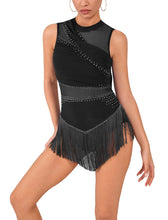 Load image into Gallery viewer, ODASDO Dance Costumes Latin Dress for Women Ballroom Rave Outfit Tassel Fringe Sparkly Rhinestones Mesh Unitard Leotard Backless Bodysuit Acrobat Circus Jazz Samba Salsa Dancewear Black XL