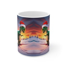 Load image into Gallery viewer, Dinosaur Raptor Rocks Christmas Santa Red Hat Ceramic Mug 11oz Design #2 Mirrored Images