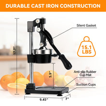 Load image into Gallery viewer, Tada Cast Iron Manual Juicer Press Hand Operated Citrus & Pomegranate Juice Squeezer with Stainless Steel Components, Heavy Duty Countertop