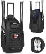Load image into Gallery viewer, SunForMorning Rolling Baseball Bag with Wheels, Softball Catchers Gear Bags for 4 Bats, Portable Baseball Catcher Bag with Shoe Compartment, Holds All Softball Baseball Equipment, Black