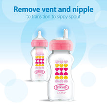 Load image into Gallery viewer, Dr. Brown’s Anti-Colic Options+ Wide-Neck Sippy Bottle Starter Kit, 9oz/270mL, with Level 3 Medium-Fast Flow Nipple and Soft 100% Silicone Sippy Spout, Pink, BPA Free, 6m+, 2 Pack