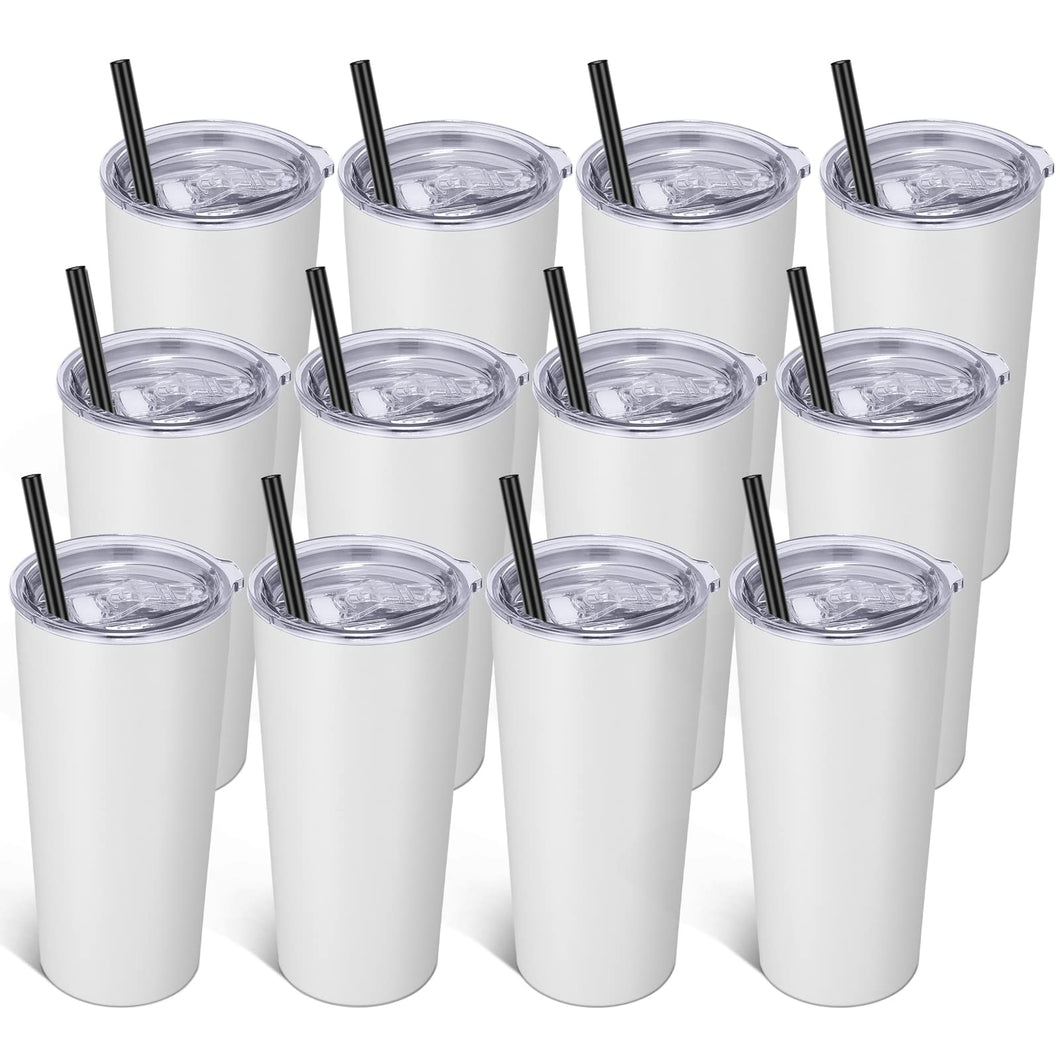20oz Tumbler Bulk with Lid and Straw 12 Pack, Stainless Steel Vacuum Insulated Tumbler, Double Wall Coffee Cup Travel Mug, White