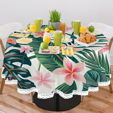 Load image into Gallery viewer, AUUXVA Round Tablecloth 60 Inch Palm Leaf Flower Washable Table Cover with Lace Trim, Kitchen Circle Tables Cloth for Party Dining Table Top Wedding Home Decor(Tropical Flowers)