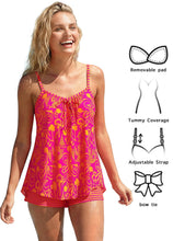 Load image into Gallery viewer, MODLILY Two Piece Flowy Tankini Swimsuits for Women, Graffiti Print Curved Hem Tank Top with Boyshorts Hot Pink
