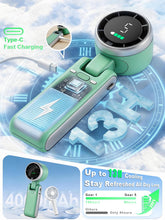 Load image into Gallery viewer, KIMWIND Portable Handheld Turbo Fan, 5 Gear Wind, Battery Operated, Up to 13 Working Hours Rechargeable Fan, 3 IN 1 Hand Fans with Air Turbo Tech Cooling Fan for for Travel, Beach, Outdoor - Green