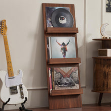 Load image into Gallery viewer, LELELINKY Wall-Leaning Vinyl Record Holder with 3 Tier Display Shelf, 47.5'' Tall Record Storage Magazine Holder, Vinlys Stand Holder Holds Up to 15 Vinyls Albums/CD for Living Room, Walnut