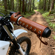 Load image into Gallery viewer, CQnodoit 4 PCS Flat Leather Motorcycle Grip Covers Brown and Black Handlebar Protectors with Adjustable Straps Universal Anti-Slip Handle Gloves for Most Bikes