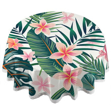 Load image into Gallery viewer, AUUXVA Round Tablecloth 60 Inch Palm Leaf Flower Washable Table Cover with Lace Trim, Kitchen Circle Tables Cloth for Party Dining Table Top Wedding Home Decor(Tropical Flowers)