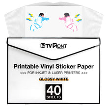 Load image into Gallery viewer, HTVRONT Printable Vinyl for Inkjet Printer & Laser Printer - 40 Pcs Glossy White Inkjet Printable Vinyl Sticker Paper, 8.5"x11"