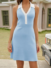 Load image into Gallery viewer, Fisoew Womens Halter V Neck Tennis Dress Polo Collar Sleeveless Color Block Open Back Workout Golf Summer Casual Mini Dresses Sky Blue