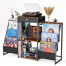 Load image into Gallery viewer, JunVpic Record Player Stand with Vinyl Storage – Record Table with Holder,6-Bin Vinyl Storage Rack & Drawer, Dual Side Display Shelves,Holds 200+ Albums,Turntable Stand for Living Room,Bedroom (Brown)