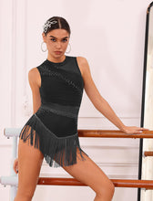 Load image into Gallery viewer, ODASDO Dance Costumes Latin Dress for Women Ballroom Rave Outfit Tassel Fringe Sparkly Rhinestones Mesh Unitard Leotard Backless Bodysuit Acrobat Circus Jazz Samba Salsa Dancewear Black XL