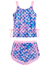 Load image into Gallery viewer, Mermaid Swimsuit for Girls Size 7-8 Adjustable Strap Drawstring Tankini Bathing Suits with Pocket Boyshorts Summer Modest Beach Swimwear Sets