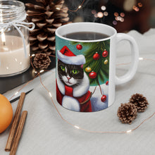 Load image into Gallery viewer, Personalized Mischievous Gray Kitty Christmas Vibes Ceramic Mug 11oz Design #1Custom