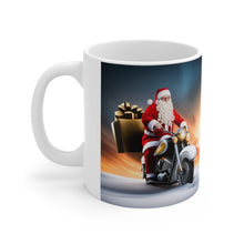 Load image into Gallery viewer, Here Comes Motorcycling Santa Bringing Gifts 11 oz Ceramic Mug Package Delivery Wrap-a-round #2
