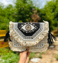 Load image into Gallery viewer, HOUSE OF DISANA Embroidered Evil Eye bohemian bag Envelope Shoulder Bag Tote Handbags, Beach Bag for Vacation, Travel, Banquet Beach - Black