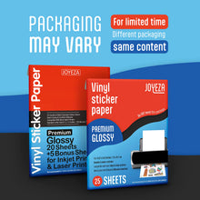 Load image into Gallery viewer, JOYEZA Premium Printable Vinyl Sticker Paper for Inkjet Printer - 25 Sheets Glossy White Waterproof, Dries Quickly Vivid Colors, Holds Ink well - Inkjet & Laser Printer