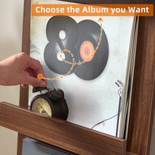 Load image into Gallery viewer, LELELINKY Wall-Leaning Vinyl Record Holder with 3 Tier Display Shelf, 47.5'' Tall Record Storage Magazine Holder, Vinlys Stand Holder Holds Up to 15 Vinyls Albums/CD for Living Room, Walnut