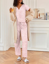 Load image into Gallery viewer, Ekouaer 2 Piece Womens Pajamas Short Sleeve Top and Long Pants Pjs Set Printed Sleepwear with Pocket Valentine's Day Gift Rose Pink Leopard XX-Large