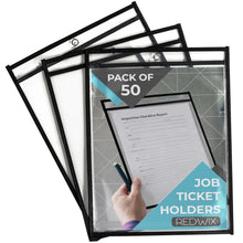 Load image into Gallery viewer, 50 Pack Job Ticket Holders, Plastic Sleeves for Paper 8.5x11 inch, Clear Dry Erase Pocket Sleeves for Work Orders, Shop Ticket Holders and Document Protection