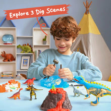 Load image into Gallery viewer, Klever Kits 3-in-1 Dinosaur Fossil Digging Kit STEM Learning Toys with Glow in The Dark Dinosaurs and Sensory Play Sand, DIY Your Own Dinosaur with 5 Color Clay, Gift for Kids Aged 6+ by Jova