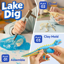 Load image into Gallery viewer, Klever Kits 3-in-1 Dinosaur Fossil Digging Kit STEM Learning Toys with Glow in The Dark Dinosaurs and Sensory Play Sand, DIY Your Own Dinosaur with 5 Color Clay, Gift for Kids Aged 6+ by Jova