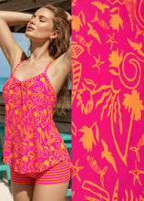 Load image into Gallery viewer, MODLILY Two Piece Flowy Tankini Swimsuits for Women, Graffiti Print Curved Hem Tank Top with Boyshorts Hot Pink