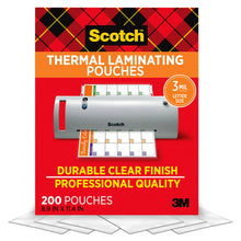 Load image into Gallery viewer, Scotch Thermal Laminating Pouches, 200 Count, Clear, 3 mil., Ideal Office or School Supplies, Fits Letter Sized Paper (8.9 in. × 11.4 in.)