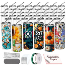 Load image into Gallery viewer, Sublimation Tumblers bulk 20 OZ Skinny Stainless Steel Double Wall Insulated Straight Sublimation Cups 50 Pack Blanks White Tumbler with Lid,Straw,Heat Resistant Tape&Shrink Sleeves,Individually Boxed