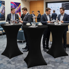 Load image into Gallery viewer, Moosfor Spandex Cocktail Table Covers 2 Pack, Elastic Fitted Stretch Table Cloth, Round High Top Tablecloths for Bar, Party, Pub, Wedding & Banquet (Black, 32x43 Inch)