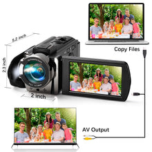 Load image into Gallery viewer, kimire Video Camera Camcorder Digital Camera Recorder Full HD 1080P 15FPS 24MP 3.0 Inch 270 Degree Rotation LCD 16X Digital Zoom Camcorder Camera with 2 Batteries(Black)