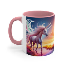 Load image into Gallery viewer, Imaginary Pink Pastel Unicorn with Beautiful Rainbow Facing Off as the Sky Explodes Vibrant Colors Accent Coffee 11oz Mug AI Generated Image