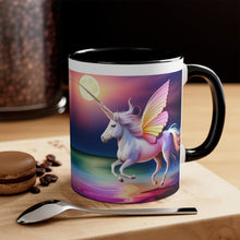 Load image into Gallery viewer, Imaginary Pink Pastel Unicorn with Beautiful Wings Facing Off at Midnight Accent Coffee 11oz Mug AI Generated Image
