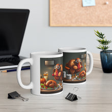 Load image into Gallery viewer, Thanksgiving Too Stuffed Candlelight Turkey All Dressed up and Nowhere to Go Ceramic Mug 11oz Left right