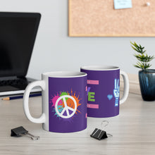 Load image into Gallery viewer, Pastel Because Love Matters, Peace Splash Peace Fingers Purple 11oz Coffee Mug Wrap-a-round Design