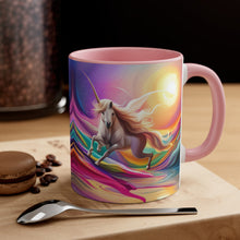 Load image into Gallery viewer, Imaginary Pink Pastel Jumping Unicorn with Beautiful Mane Facing Off into a Sea of Vibrant Colors Accent Coffee 11oz Mug AI Generated Image