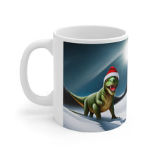 Load image into Gallery viewer, Dinosaur Raptor Rocks Christmas Santa Red Hat Ceramic Mug 11oz Design #6 Mirrored Images
