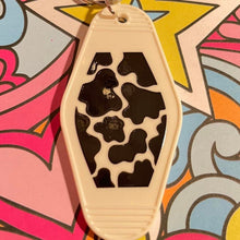 Load image into Gallery viewer, Cow print Retro Motel Acrylic Message Keychain with black