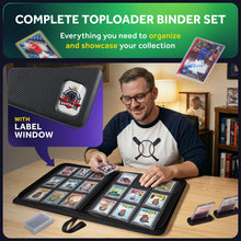 Load image into Gallery viewer, HEYKOVO Top Loader Binder I 253 Cards I with 20 Toploaders and 2 Stands I Black Carbon PU Toploader Binder holds 3x4 inch Baseball, Football, Sports, Pokemon, TCG, MTG Cards I Card Binder Top Loader