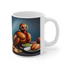 Load image into Gallery viewer, Thanksgiving Too Stuffed to Fly Turkey All Dressed up and Nowhere to Go Ceramic Mug 11oz Design #6 Mirrored Images